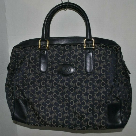 Vintage Celine Logo macadam navy blue boston satchel hand held handbag USED - Picture 1 of 10